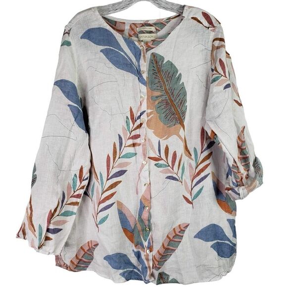 Cynthia Rowley Tunic Shirt Popover Womens 1X XL White Linen Button LS Tropical - Picture 2 of 8